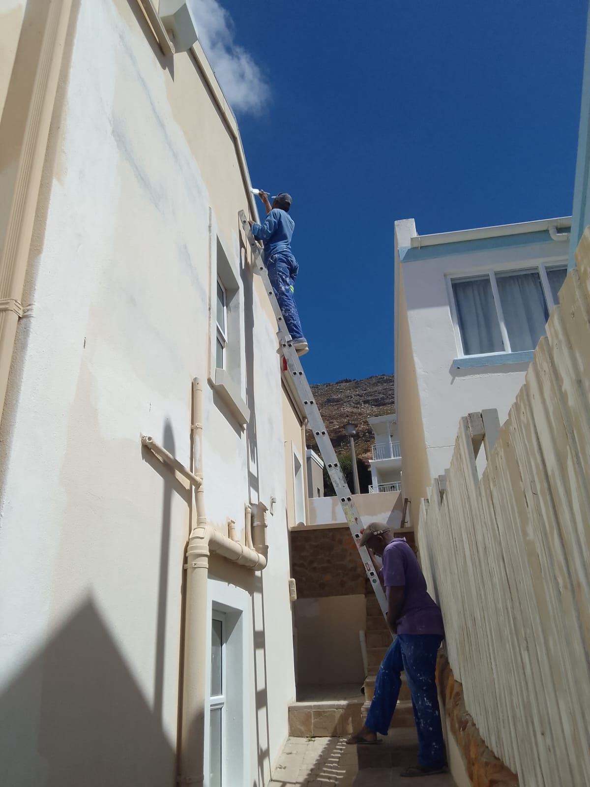 Two-man team — one up a ladder priming a high side wall, one footing the ladder